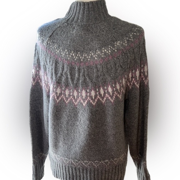 ARTELIER Nicole Miller Mock Neck Fair Isle Soft Sweater Gray Lilac Color-way M - Picture 1 of 9